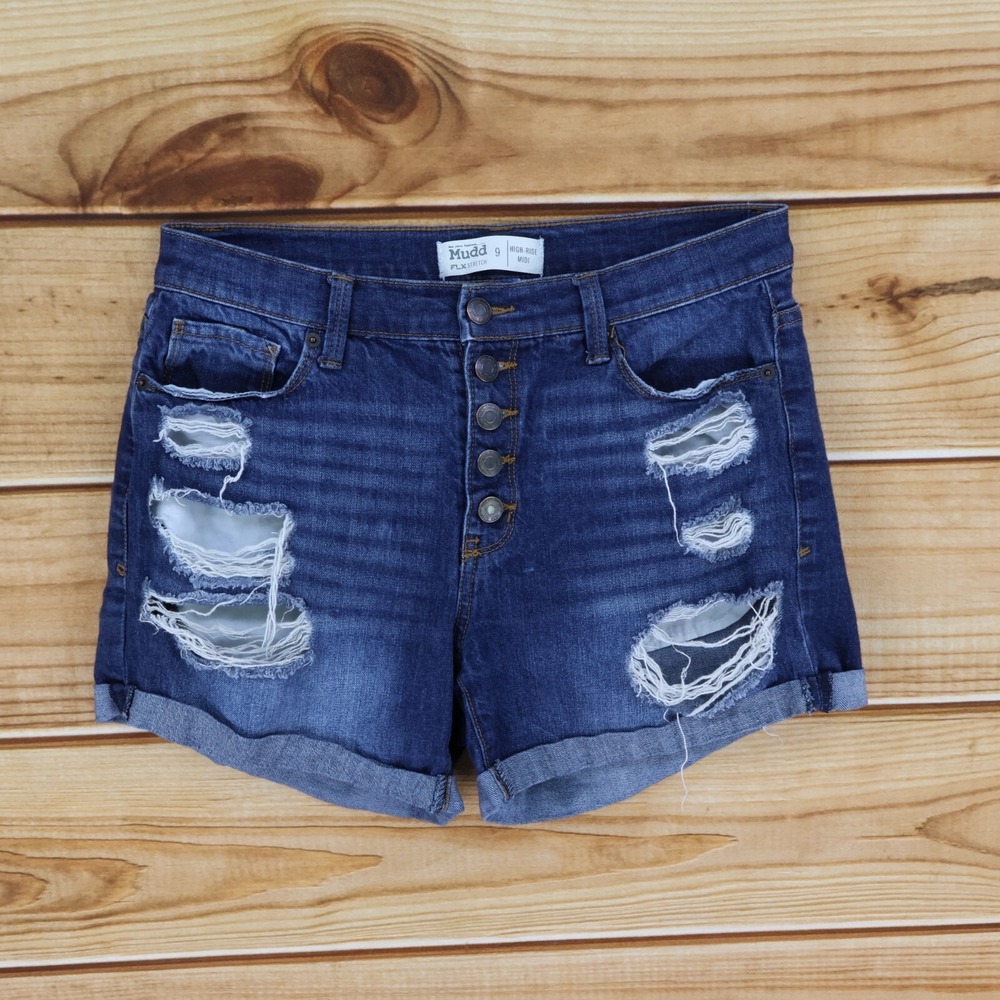 Mudd Jean Shorts Distressed High Rise Midi Juniors Sz 9 Blue Stretch Button-Fly